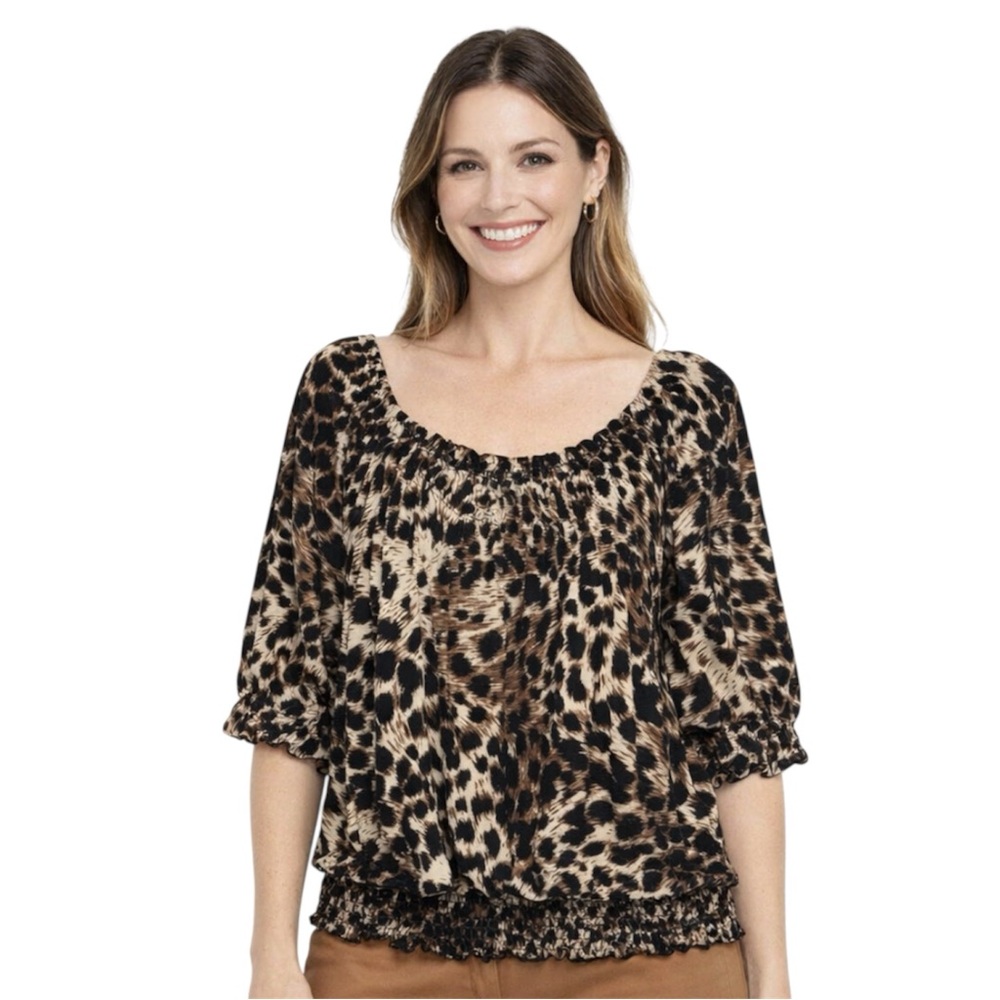 Jonden Women Leopard-Print Peasant Blouse with Smocked Hem Size Large